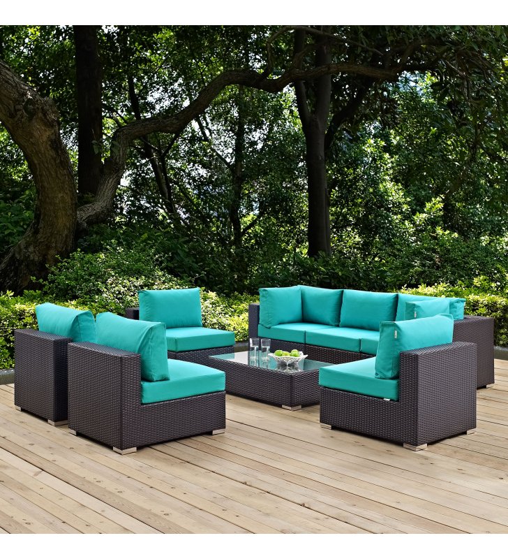 Convene 8 Piece Outdoor Patio Sectional Set in Espresso Turquoise - Lexmod