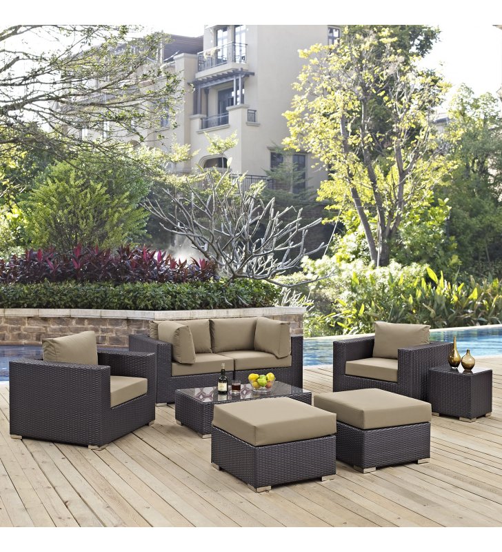Convene 8 Piece Outdoor Patio Sectional Set in Espresso Mocha - Lexmod