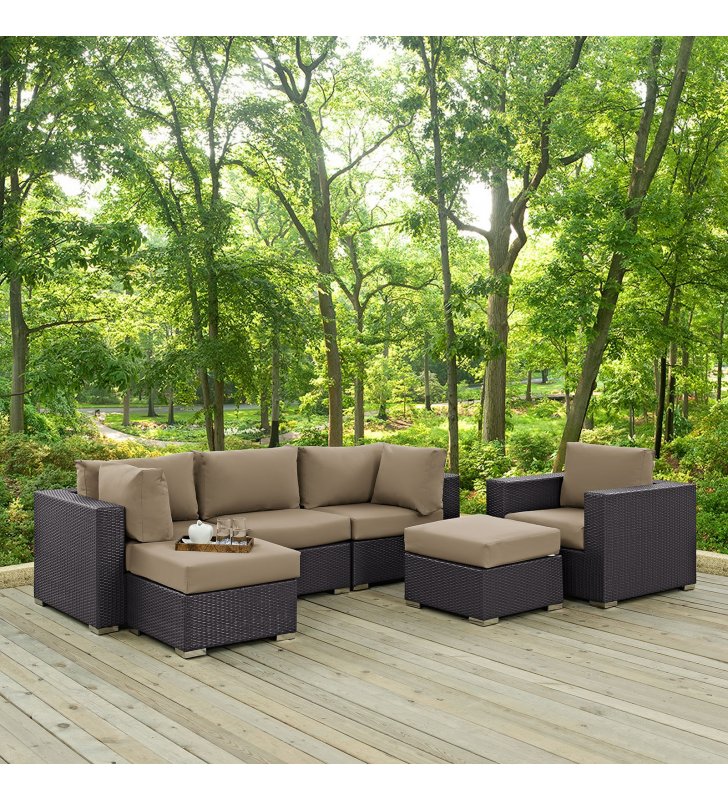 Convene 6 Piece Outdoor Patio Sectional Set in Espresso Mocha - Lexmod