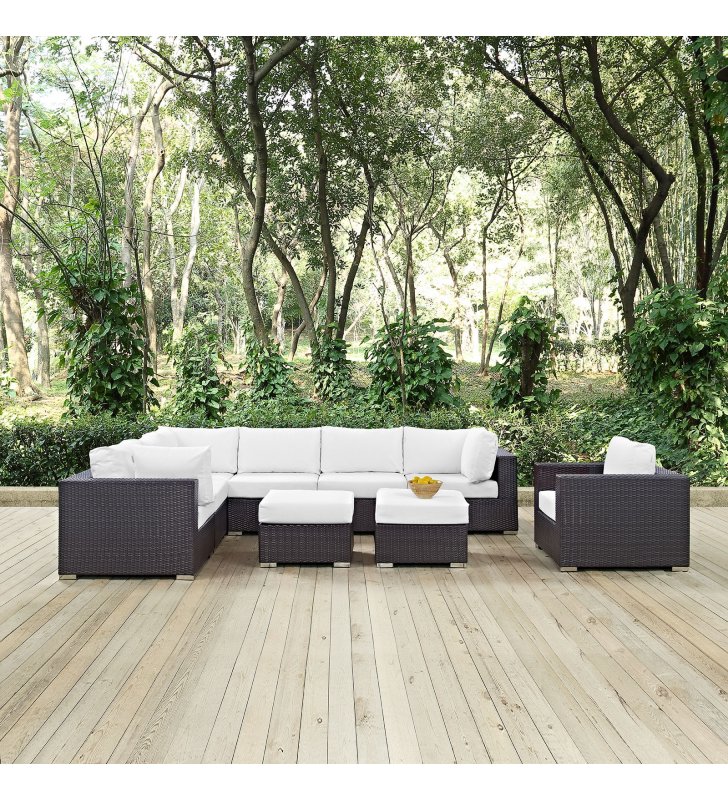 Convene 9 Piece Outdoor Patio Sectional Set in Espresso White - Lexmod