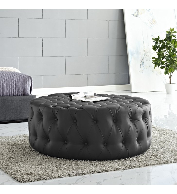 Amour Upholstered Vinyl Ottoman in Black - Lexmod