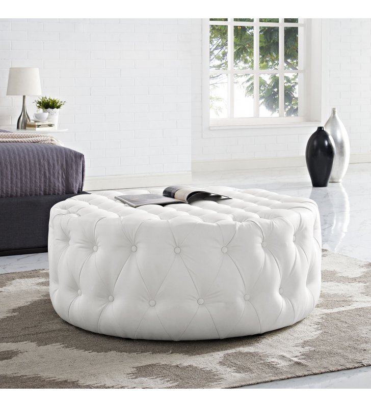 Amour Upholstered Vinyl Ottoman in White - Lexmod
