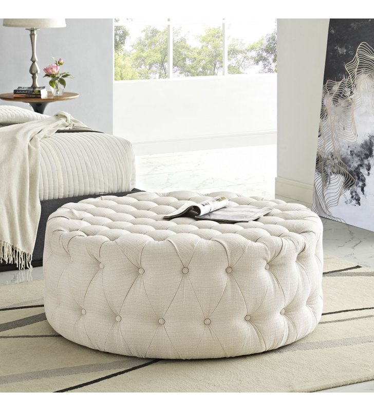 Amour Upholstered Fabric Ottoman in Beige - Lexmod
