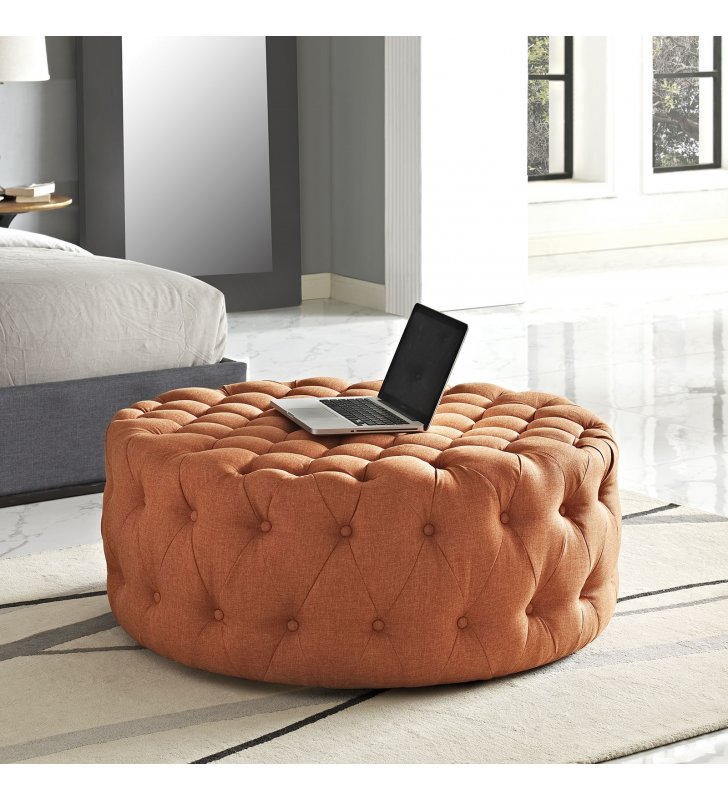 Amour Upholstered Fabric Ottoman in Orange - Lexmod