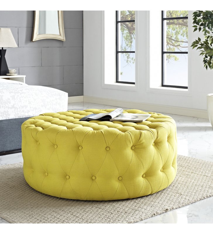 Amour Upholstered Fabric Ottoman in Sunny - Lexmod