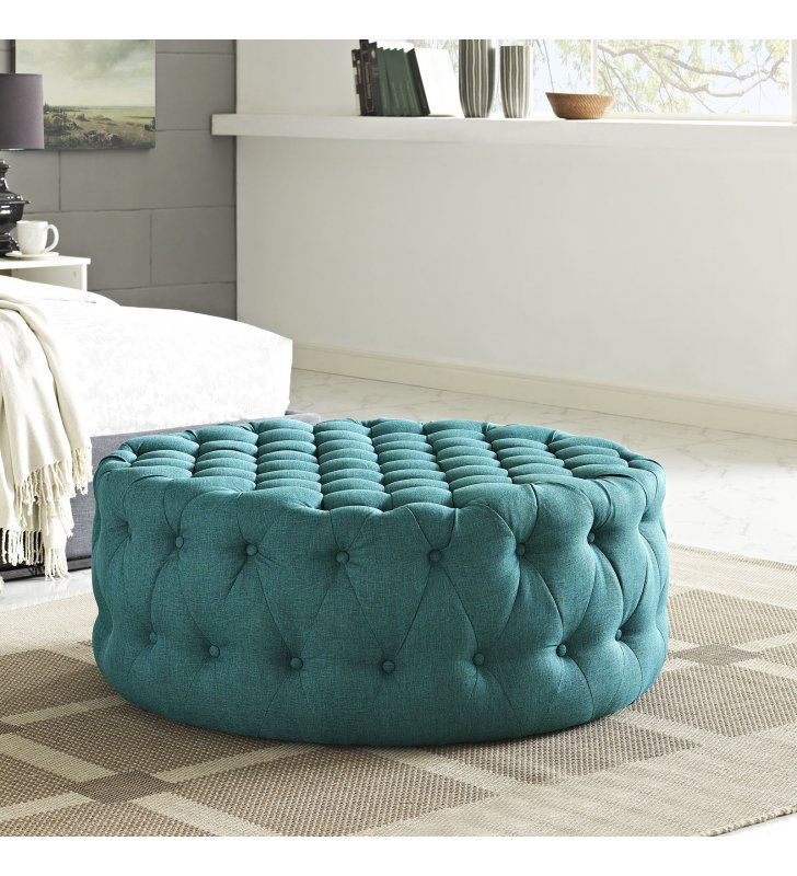 Amour Upholstered Fabric Ottoman in Teal - Lexmod