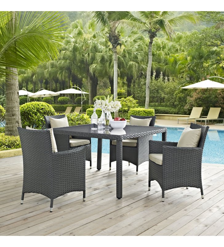 Sojourn 4 Piece Outdoor Patio Sunbrella¬Æ Dining Set in Antique Canvas Beige - Lexmod