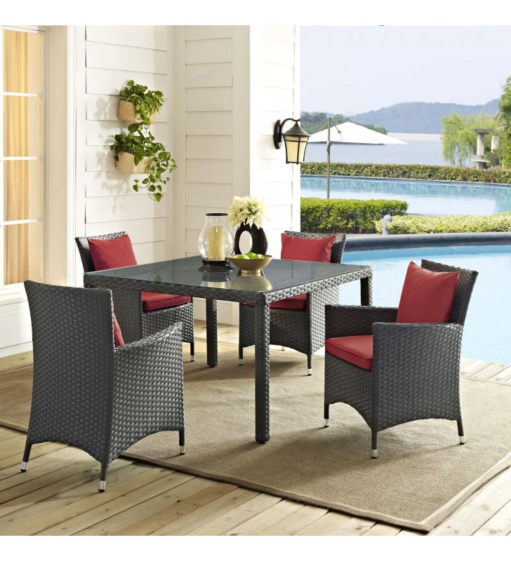 Sojourn 4 Piece Outdoor Patio Sunbrella Dining Set in Canvas Red - Lexmod