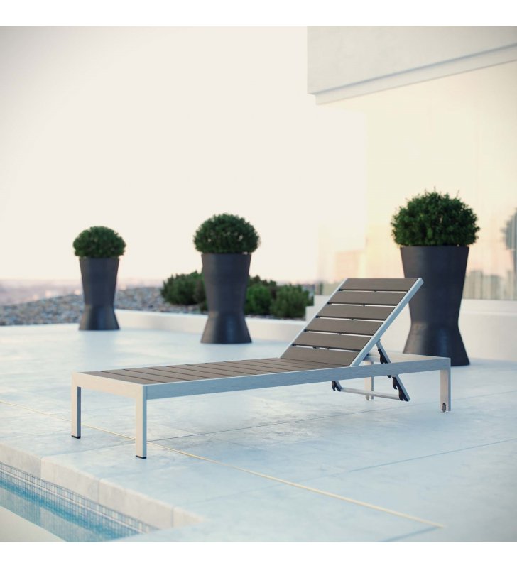 Shore Outdoor Patio Aluminum Chaise in Silver Gray - Lexmod