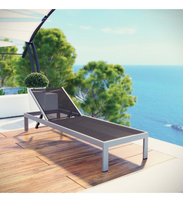 Shore Outdoor Patio Aluminum Mesh Chaise in Silver Black - Lexmod