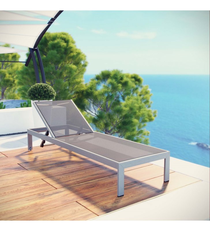 Shore Outdoor Patio Aluminum Mesh Chaise in Silver Gray - Lexmod