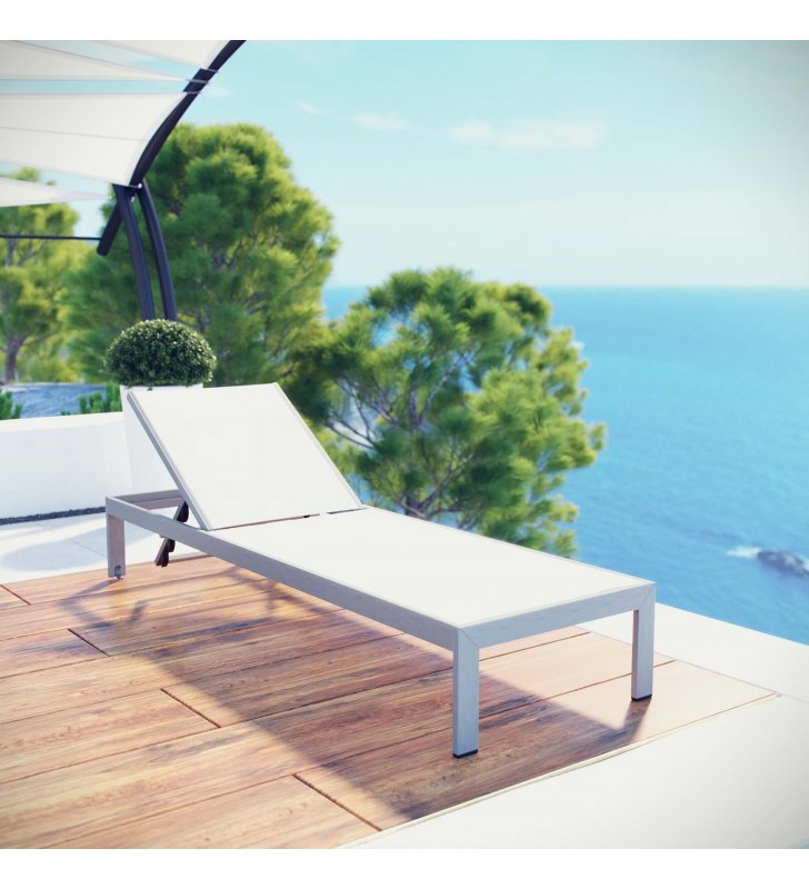 Shore Outdoor Patio Aluminum Mesh Chaise in Silver White - Lexmod