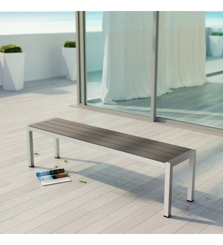 Shore Outdoor Patio Aluminum Bench in Silver Gray - Lexmod