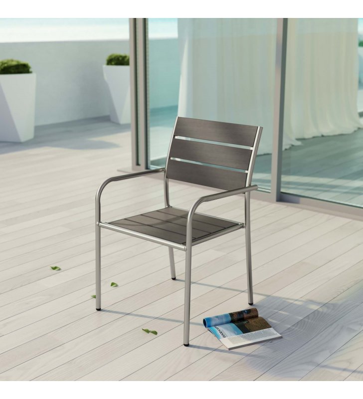 Shore Outdoor Patio Aluminum Dining Rounded Armchair in Silver Gray - Lexmod