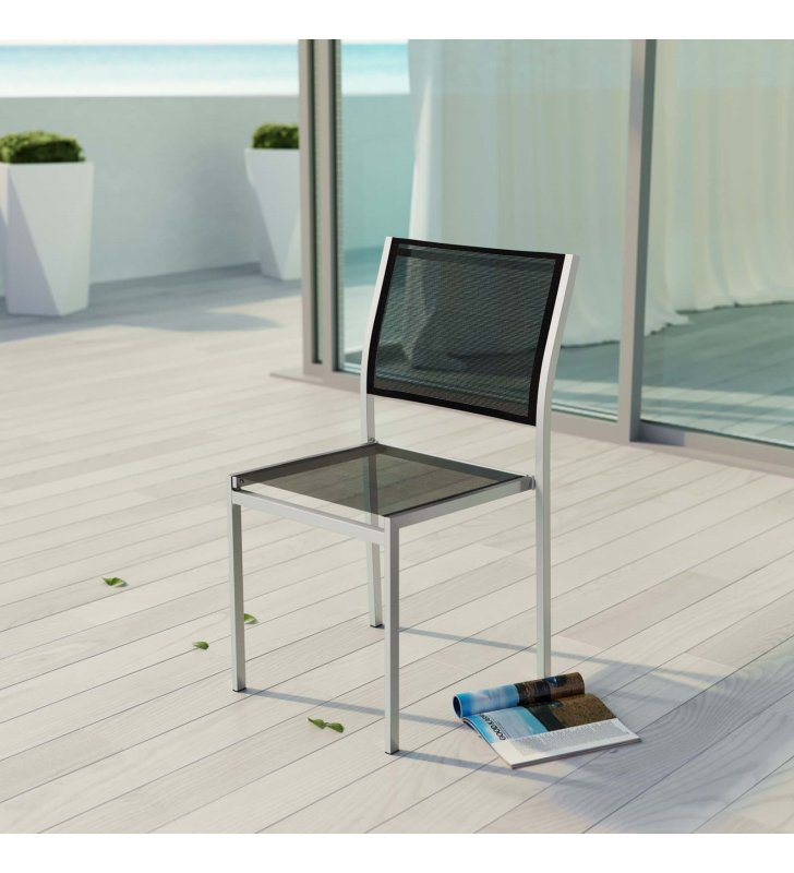 Shore Outdoor Patio Aluminum Side Chair in Silver Black - Lexmod