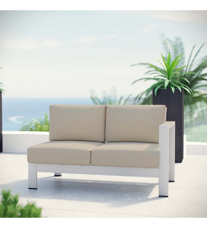Shore Right-Arm Corner Sectional Outdoor Patio Aluminum Loveseat in Silver Beige - Lexmod