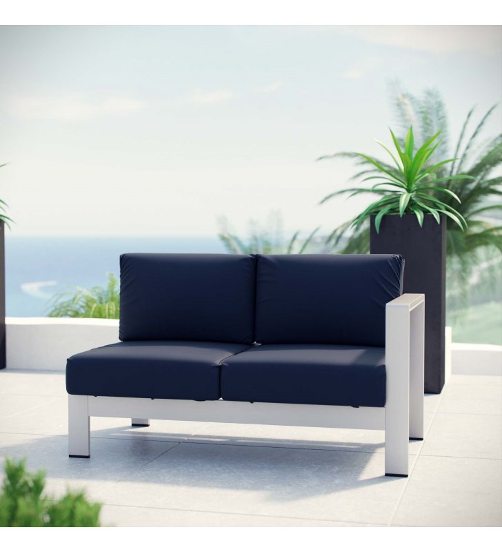 Shore Right-Arm Corner Sectional Outdoor Patio Aluminum Loveseat in Silver Navy - Lexmod