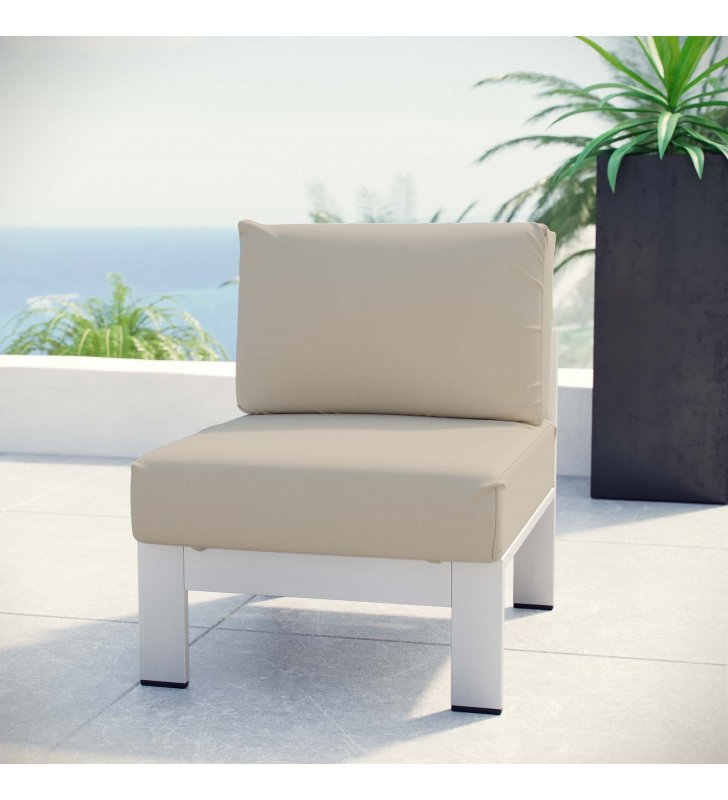Shore Armless Outdoor Patio Aluminum Chair in Silver Beige - Lexmod