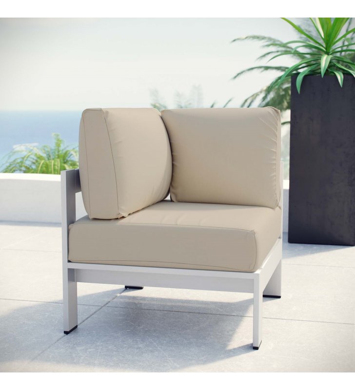 Shore Outdoor Patio Aluminum Corner Sofa in Silver Beige - Lexmod