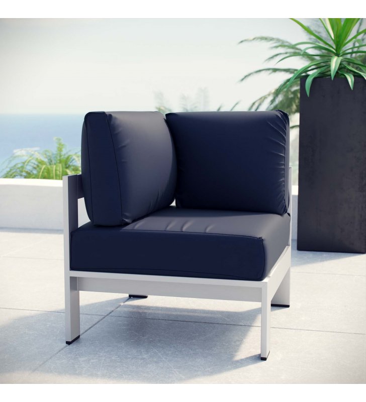Shore Outdoor Patio Aluminum Corner Sofa in Silver Navy - Lexmod