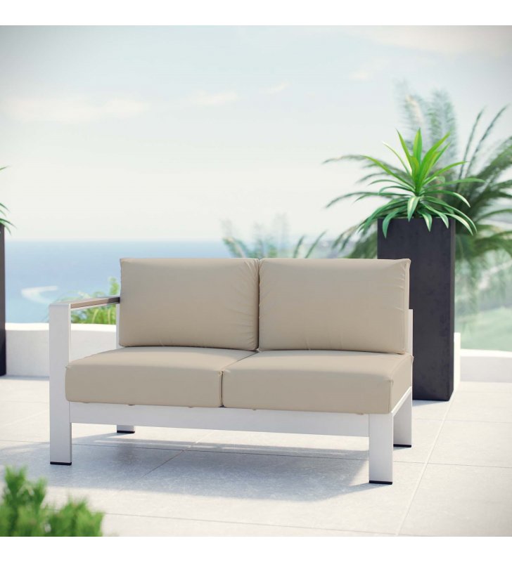 Shore Left-Arm Corner Sectional Outdoor Patio Aluminum Loveseat in Silver Beige - Lexmod