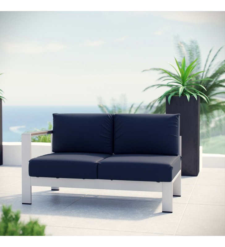 Shore Left-Arm Corner Sectional Outdoor Patio Aluminum Loveseat in Silver Navy - Lexmod