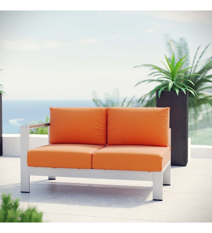 Shore Left-Arm Corner Sectional Outdoor Patio Aluminum Loveseat in Silver Orange - Lexmod