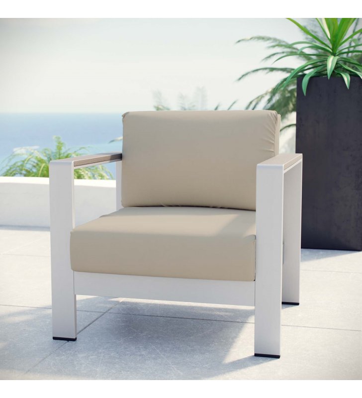 Shore Outdoor Patio Aluminum Armchair in Silver Beige - Lexmod