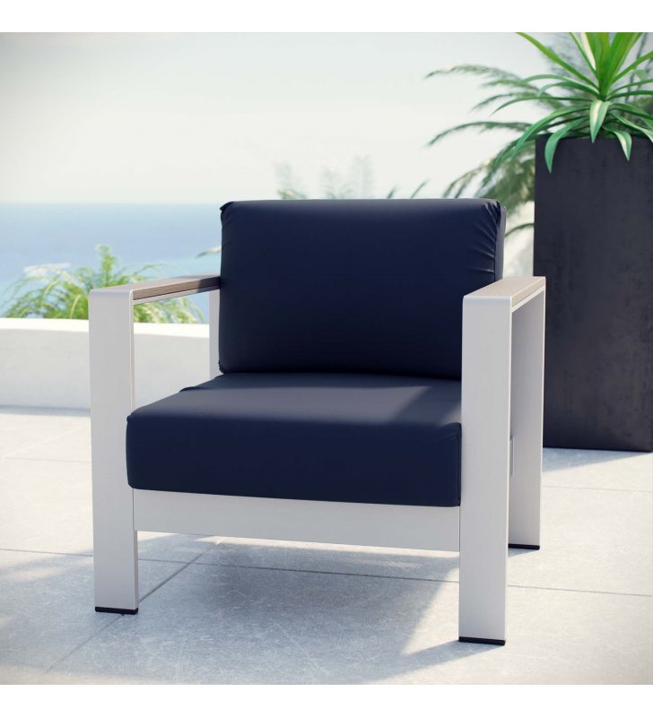 Shore Outdoor Patio Aluminum Armchair in Silver Navy - Lexmod