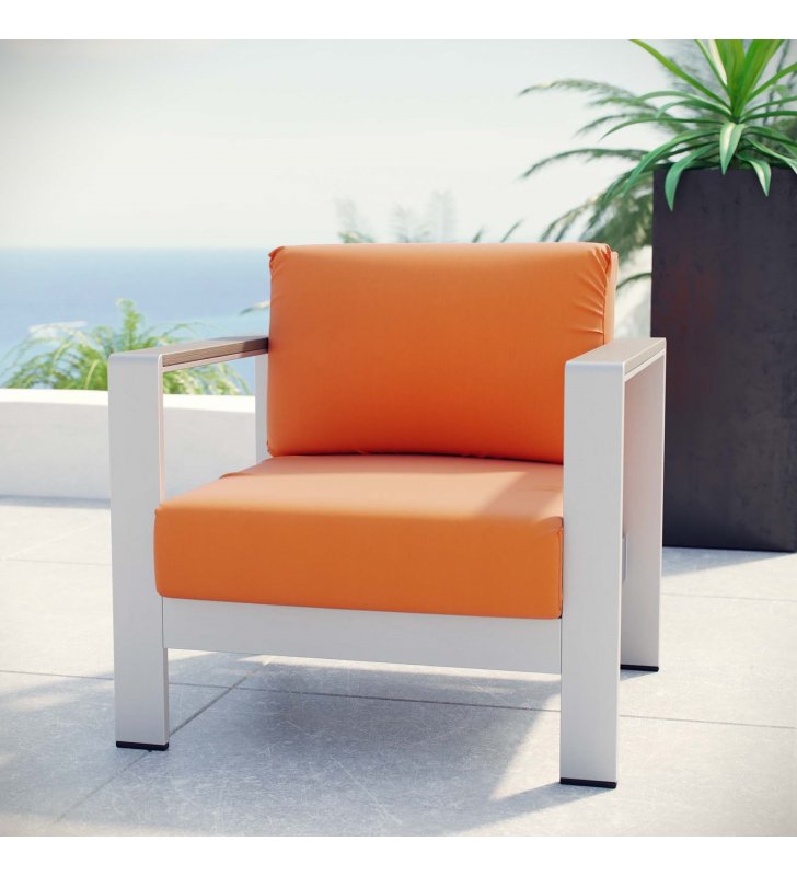 Shore Outdoor Patio Aluminum Armchair in Silver Orange - Lexmod