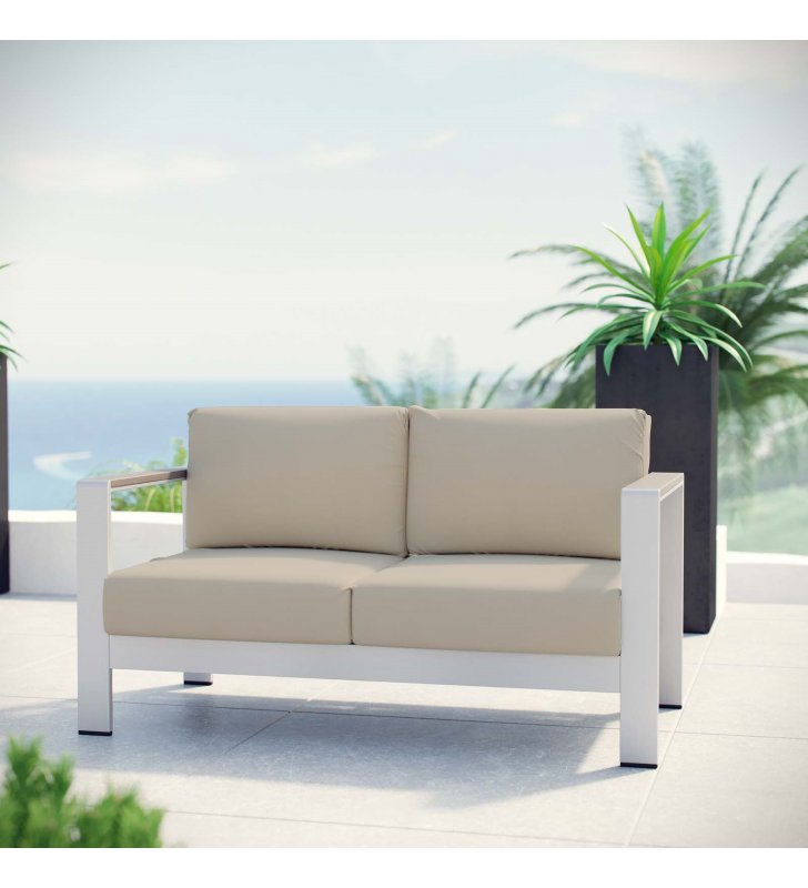 Shore Outdoor Patio Aluminum Loveseat in Silver Beige - Lexmod