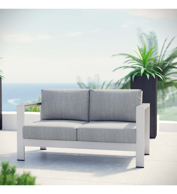 Shore Outdoor Patio Aluminum Loveseat in Silver Gray - Lexmod
