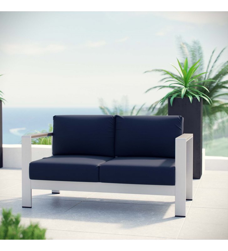 Shore Outdoor Patio Aluminum Loveseat in Silver Navy - Lexmod