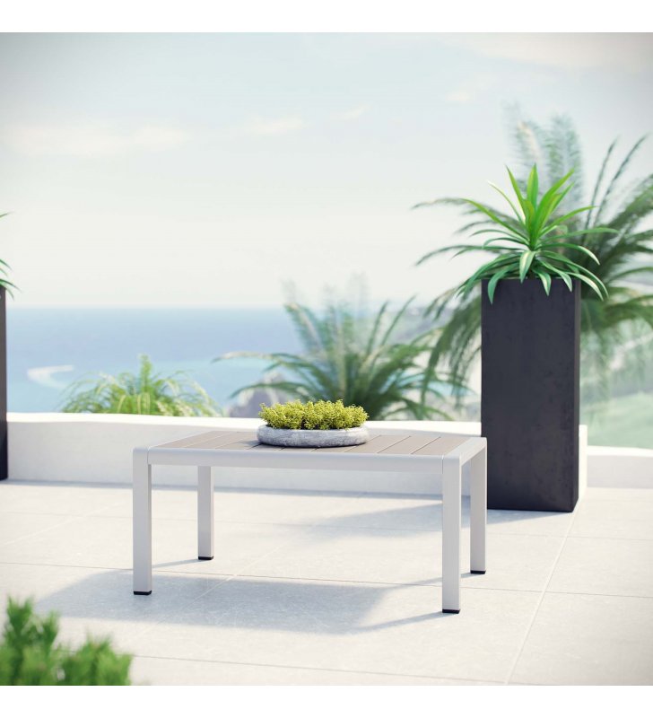 Shore Outdoor Patio Aluminum Coffee Table in Silver Gray - Lexmod