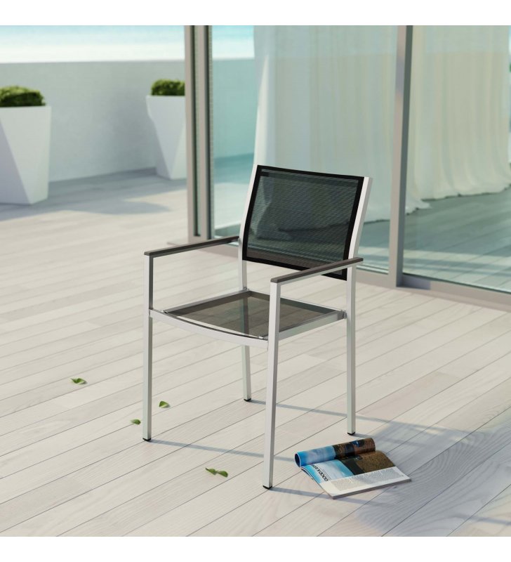 Shore Outdoor Patio Aluminum Dining Chair in Silver Black - Lexmod