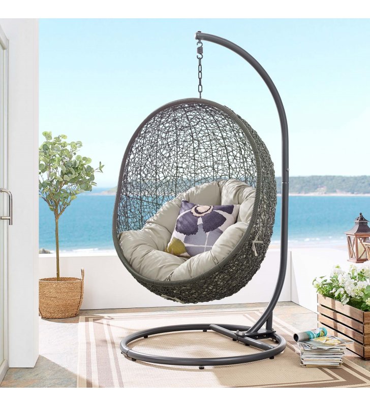 Hide Outdoor Patio Swing Chair With Stand in Gray Beige - Lexmod