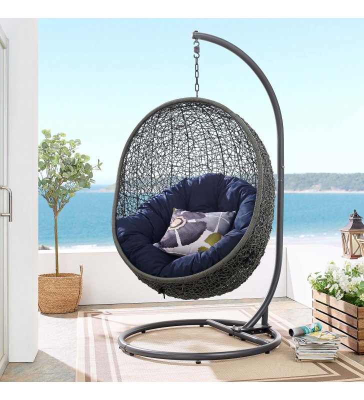 Hide Outdoor Patio Swing Chair With Stand in Gray Navy - Lexmod