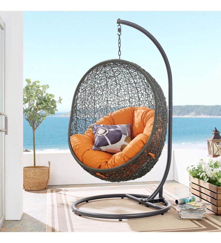 Hide Outdoor Patio Swing Chair With Stand in Gray Orange - Lexmod