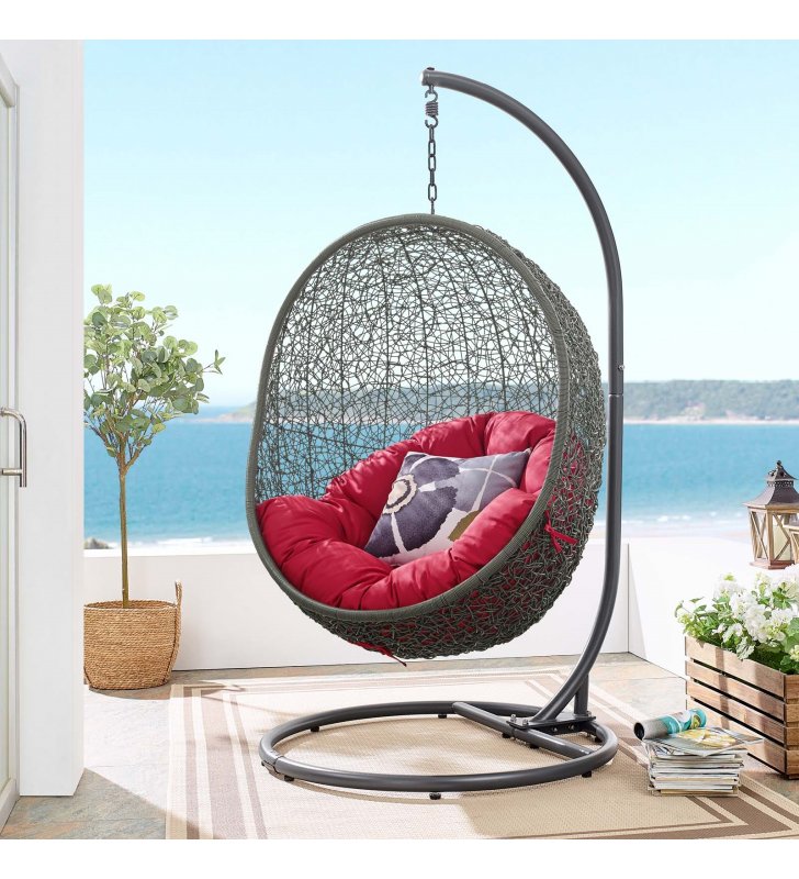 Hide Outdoor Patio Swing Chair With Stand in Gray Red - Lexmod
