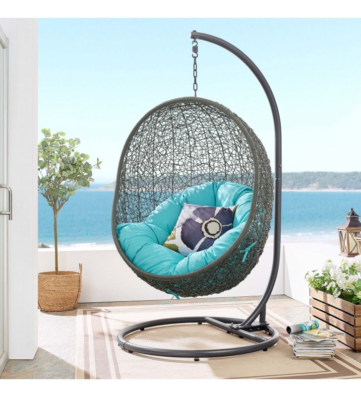 Hide Outdoor Patio Swing Chair With Stand in Gray Turquoise - Lexmod