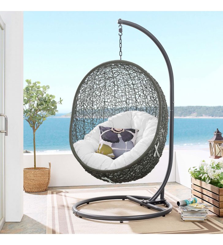 Hide Outdoor Patio Swing Chair With Stand in Gray White - Lexmod