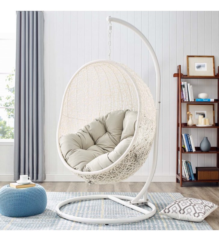 Hide Outdoor Patio Swing Chair With Stand in White Beige - Lexmod