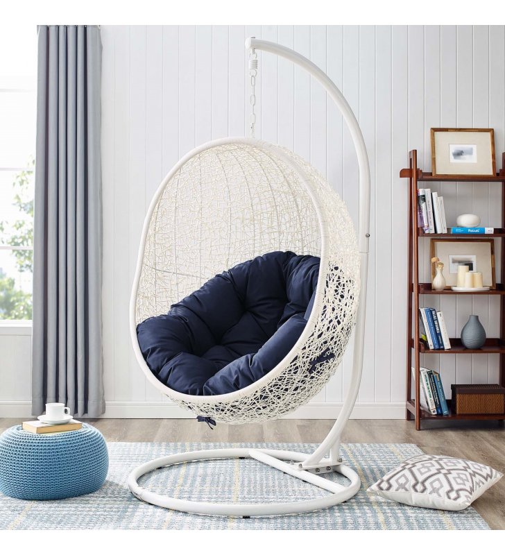 Hide Outdoor Patio Swing Chair With Stand in White Navy - Lexmod