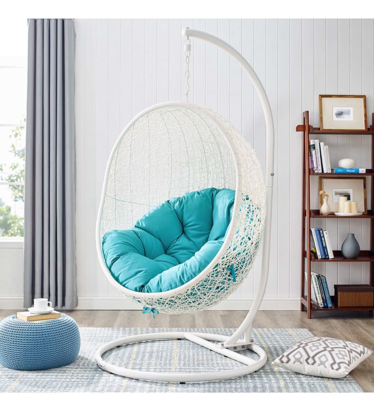 Hide Outdoor Patio Swing Chair With Stand in White Turquoise - Lexmod