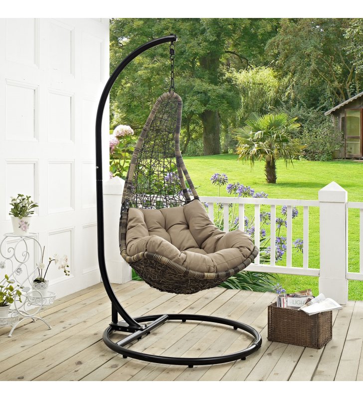 Abate Outdoor Patio Swing Chair With Stand in Black Mocha - Lexmod