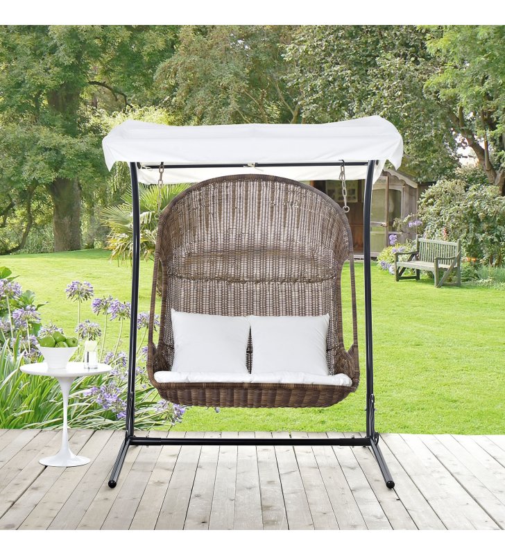 Vantage Outdoor Patio Swing Chair With Stand in Brown White - Lexmod