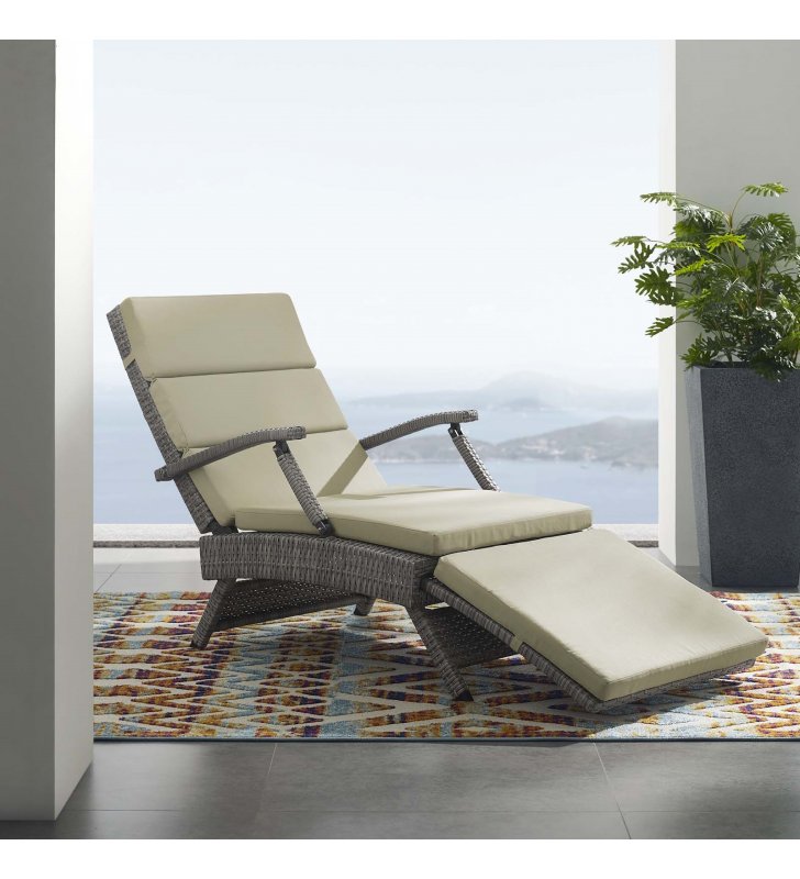 Envisage Chaise Outdoor Patio Wicker Rattan Lounge Chair in Light Gray Beige - Lexmod