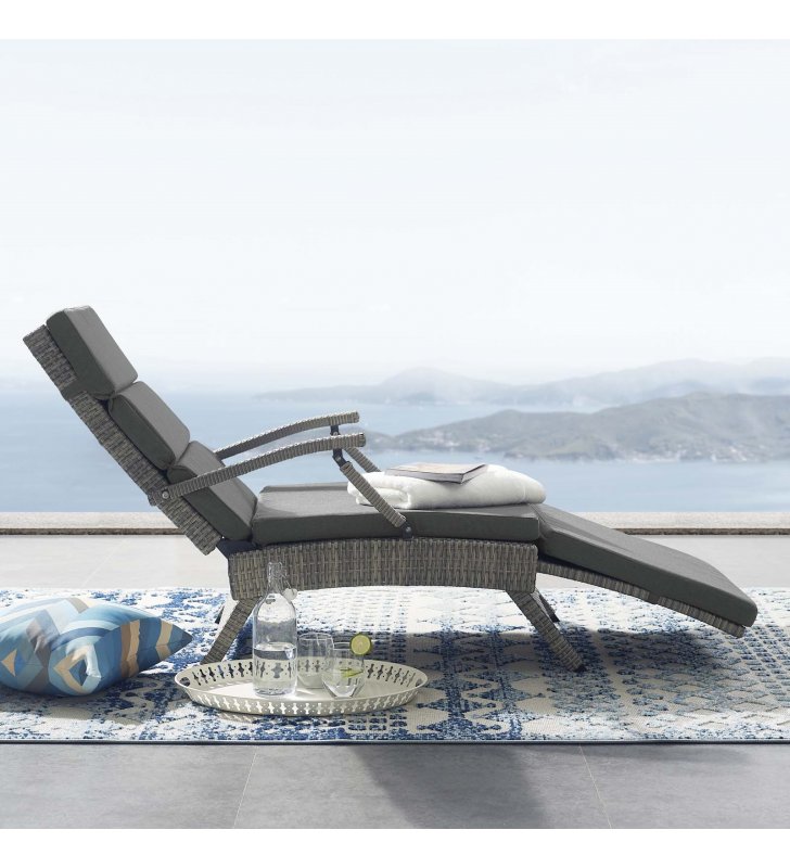 Envisage Chaise Outdoor Patio Wicker Rattan Lounge Chair in Light Gray Charcoal - Lexmod