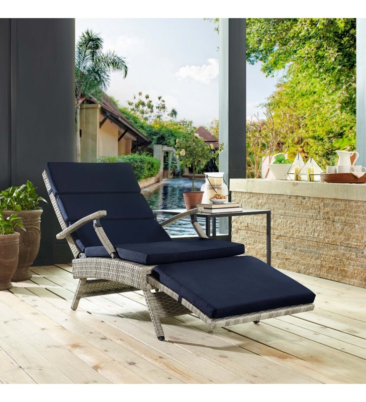 Envisage Chaise Outdoor Patio Wicker Rattan Lounge Chair in Light Gray Navy - Lexmod