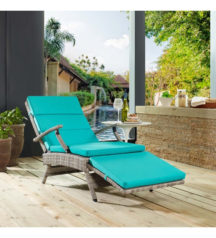 Envisage Chaise Outdoor Patio Wicker Rattan Lounge Chair in Light Gray Turquoise - Lexmod